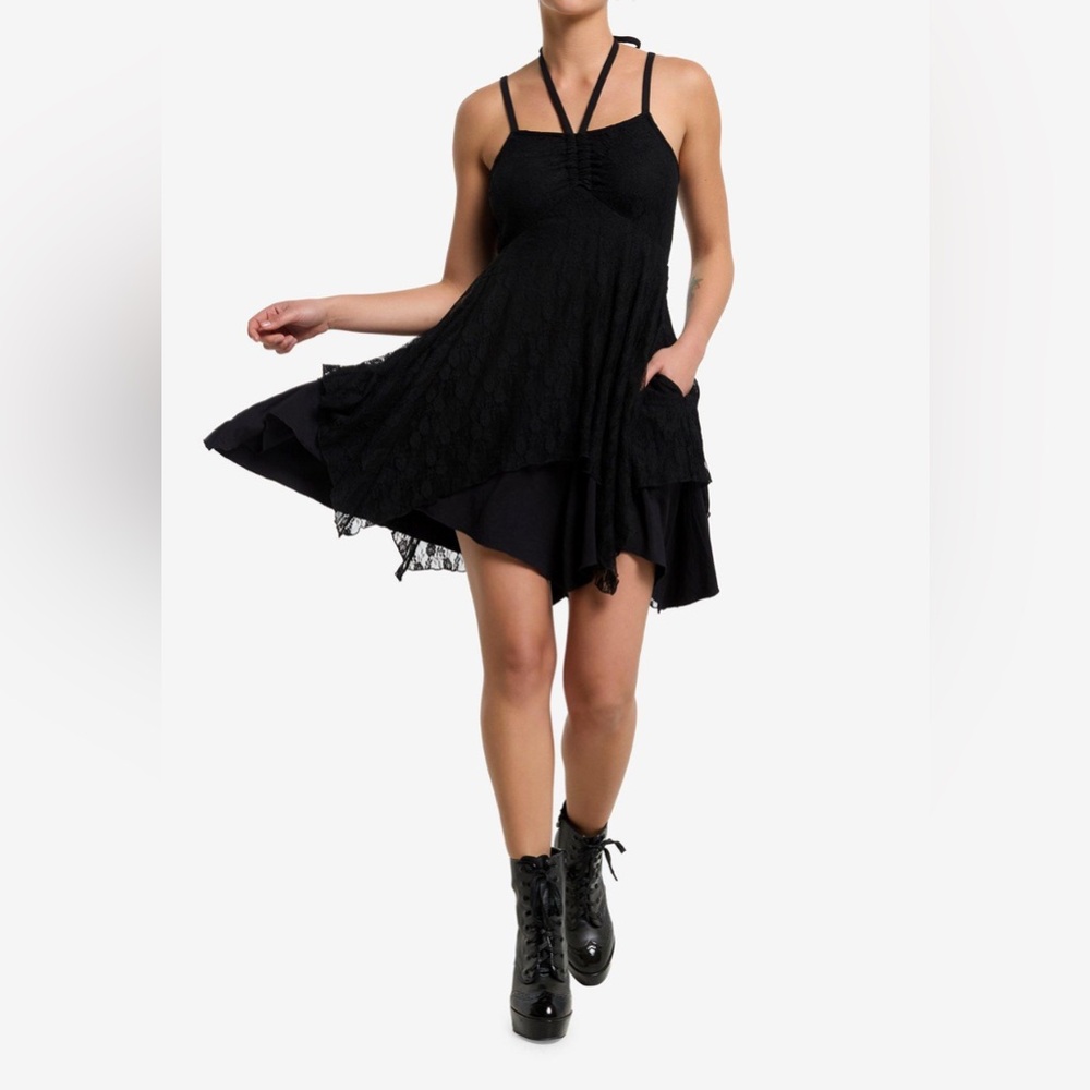 Black Lace Hanky Hem Halter Dress SM